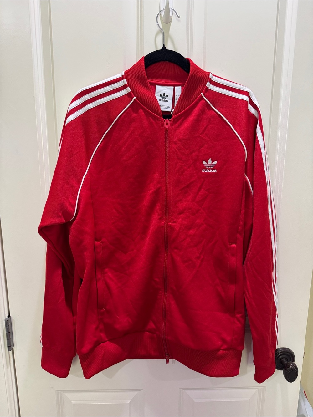 adidas Red Track Jacket with White Stripe Accents